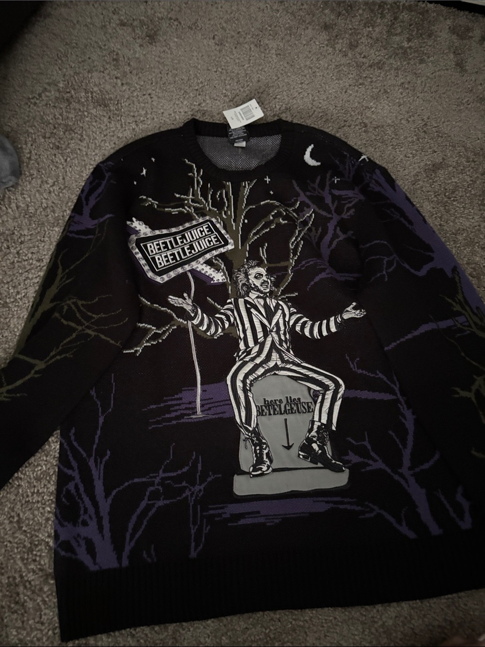 Beetlejuice Unisex Graphic Knit embroidered Sweater - Black & Purple